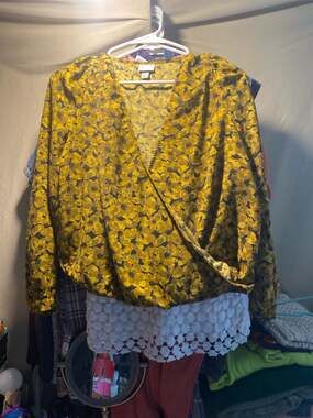 A New Day Mustard Yellow Floral Long Sleeve Faux Wrap Blouse